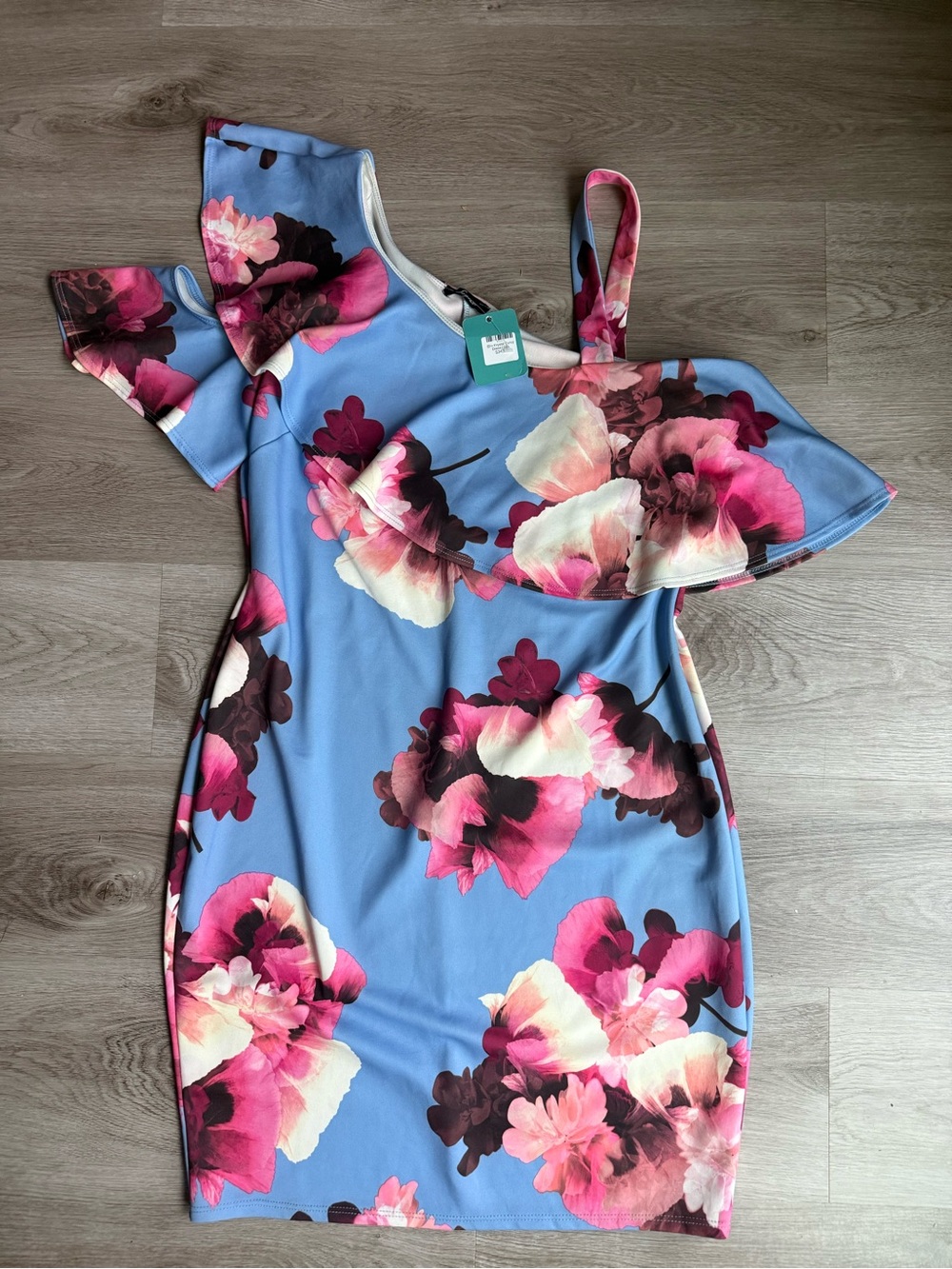 Soprano Blue One-Shoulder Floral Ruffle Dress with Pink Accents - Picture 2 of 13